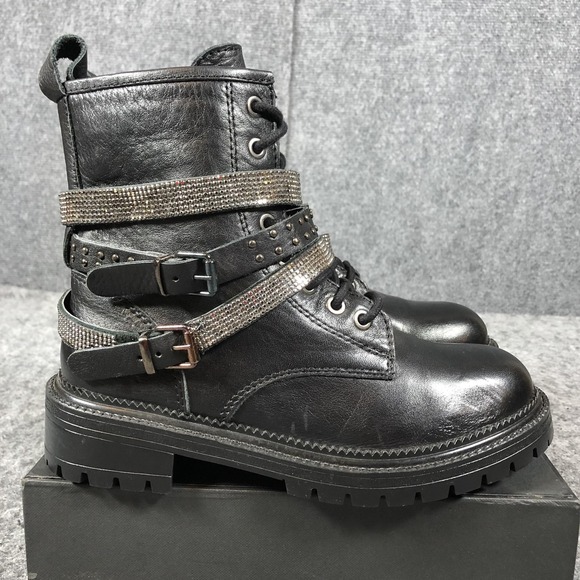 Steve Madden Womens Black Leather Combat Boots Rhinestone Harness Lug Sole Zip - Picture 6 of 16